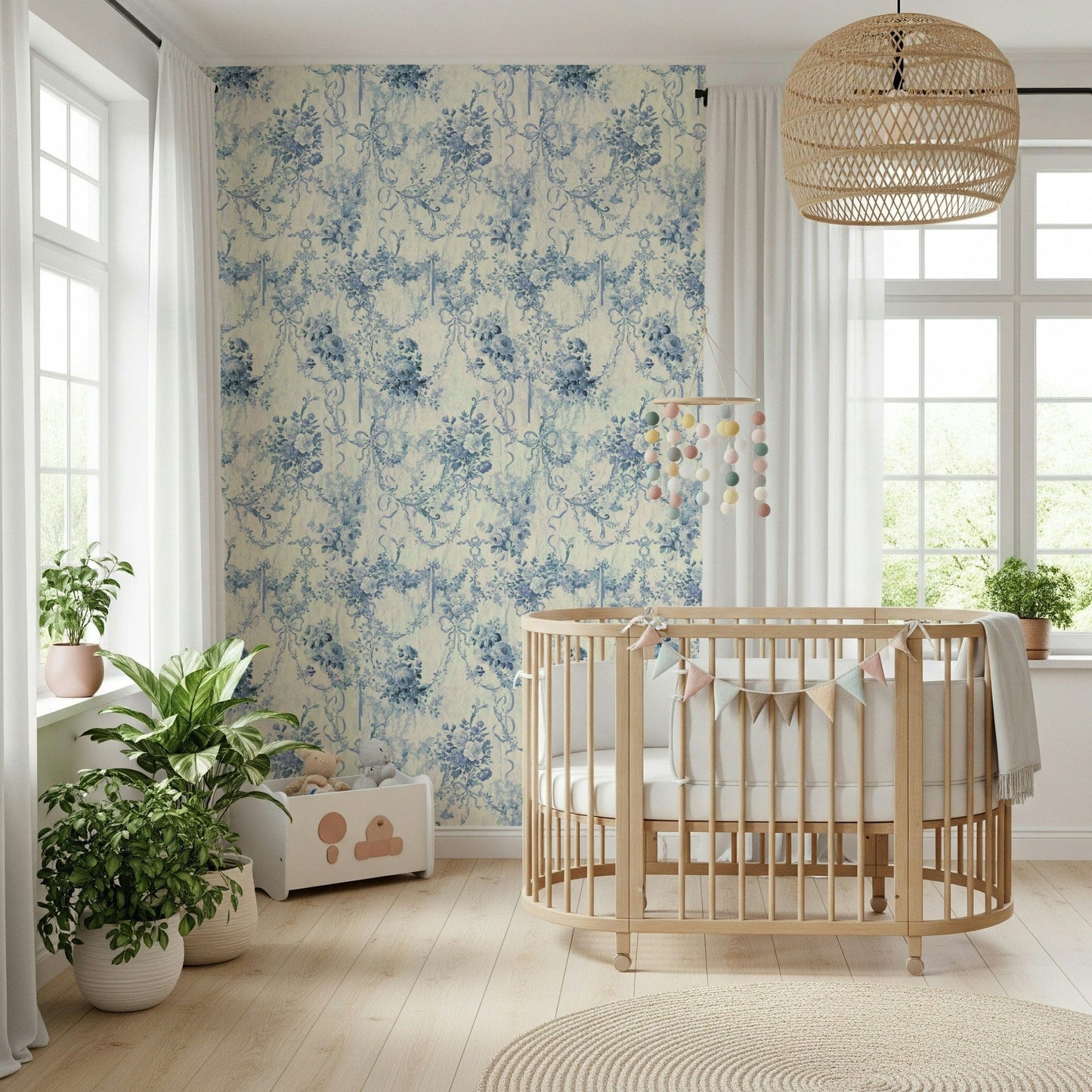 Blue Floral Chinoiserie Charm monochrome botanical ribbon print.