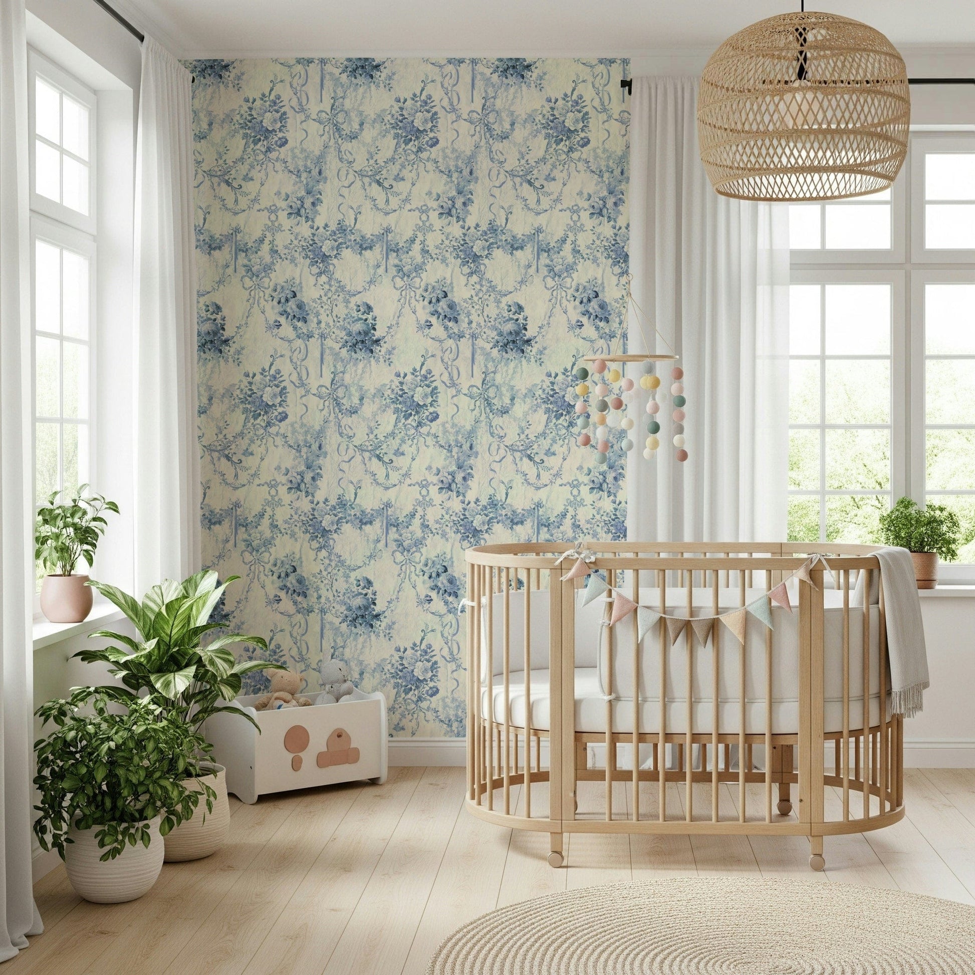 Blue Floral Chinoiserie Charm monochrome botanical ribbon print.