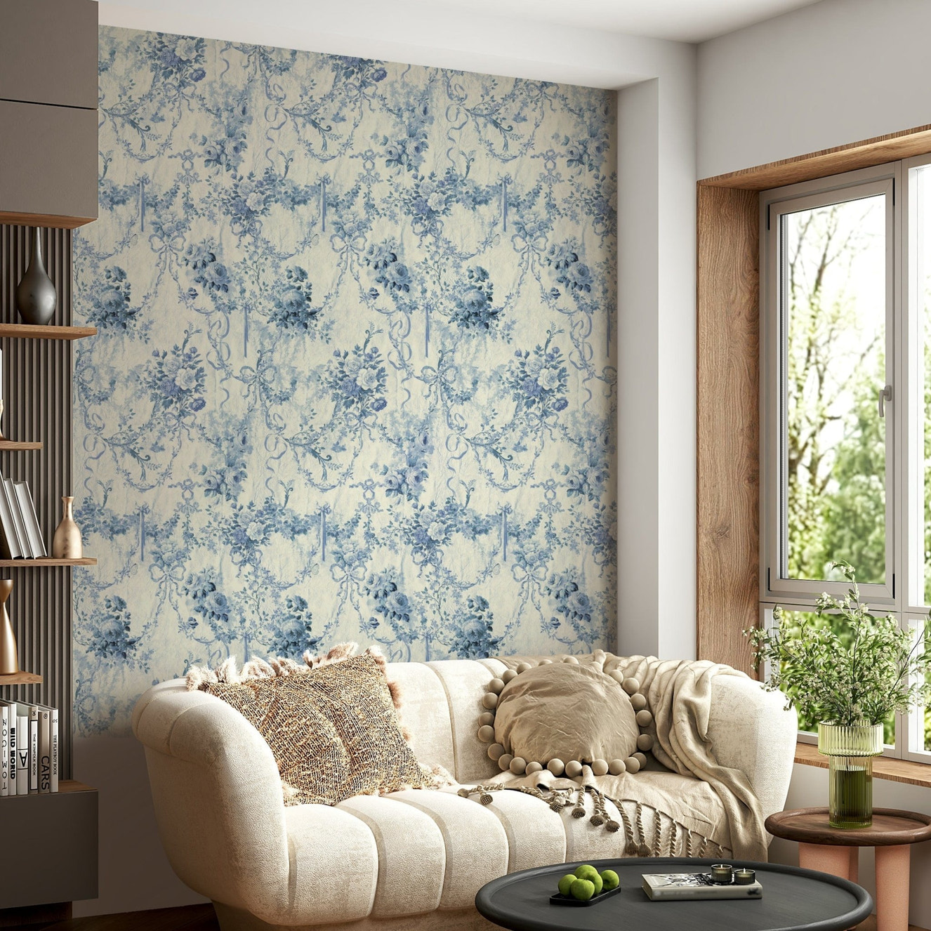 Timeless Blue Floral Chinoiserie Charm mural white and blue print.