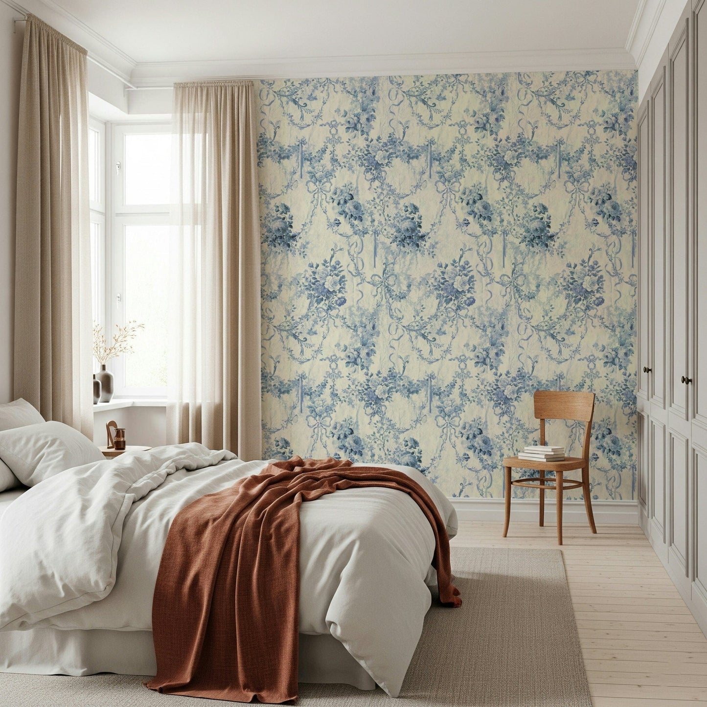 Beautiful Blue Floral Chinoiserie Charm traditional flower design.