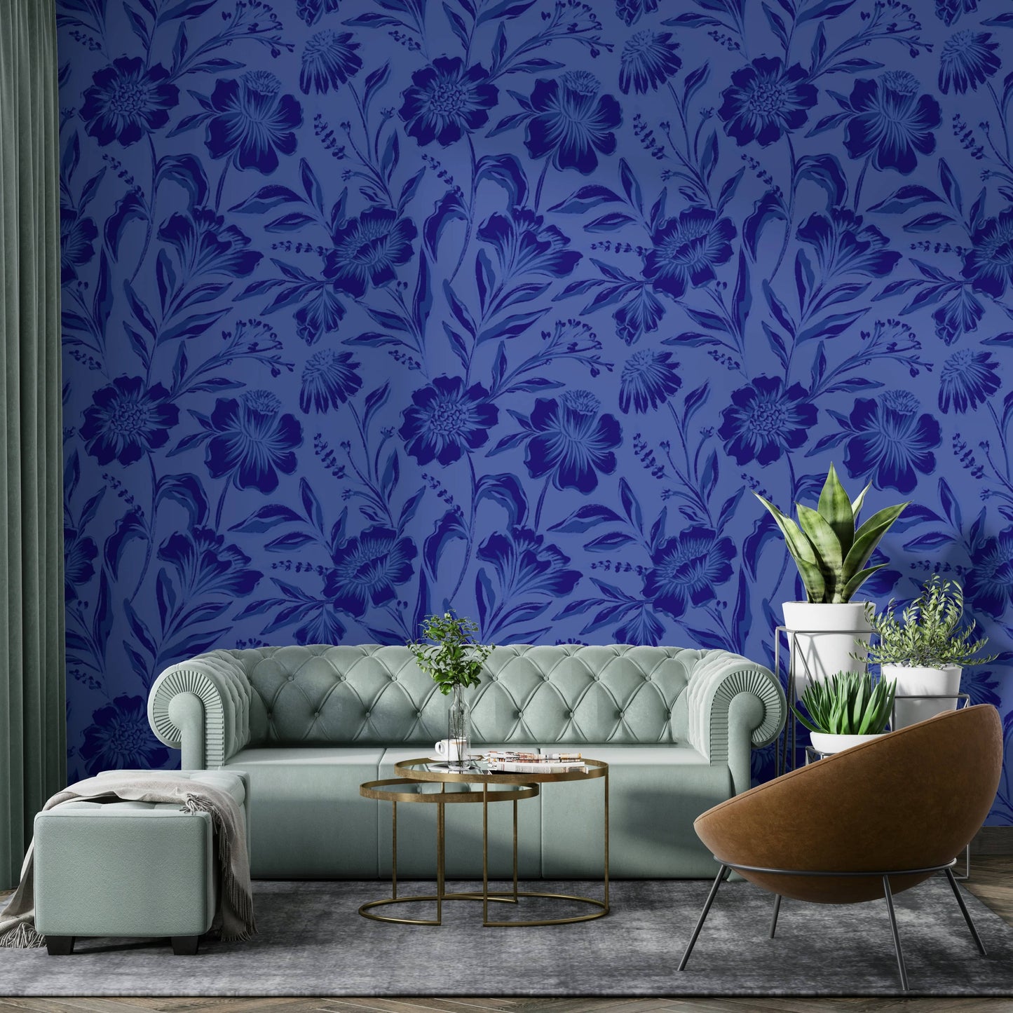 A full-wall mural showing a botanical pattern.
