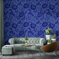 A full-wall mural showing a botanical pattern.
