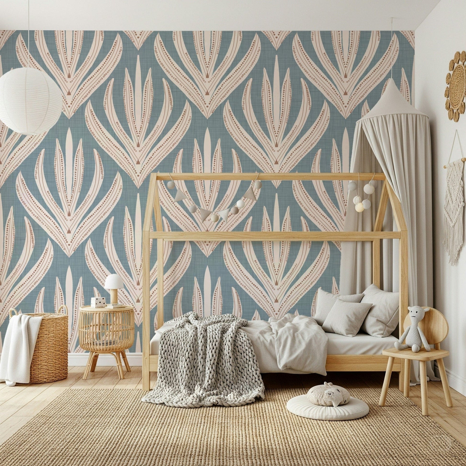 Floral Geometry in Muted Blue wallpaper mural displaying layered botanical shapes in a clean, modern pattern.