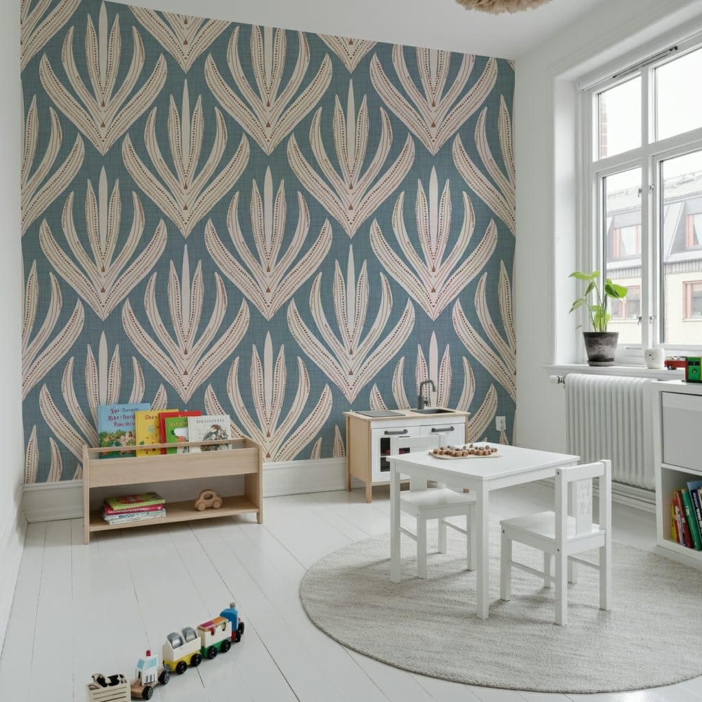 Patterned wallpaper featuring repeating floral geometry with intricate line details and soft blue tones.