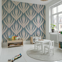 Patterned wallpaper featuring repeating floral geometry with intricate line details and soft blue tones.