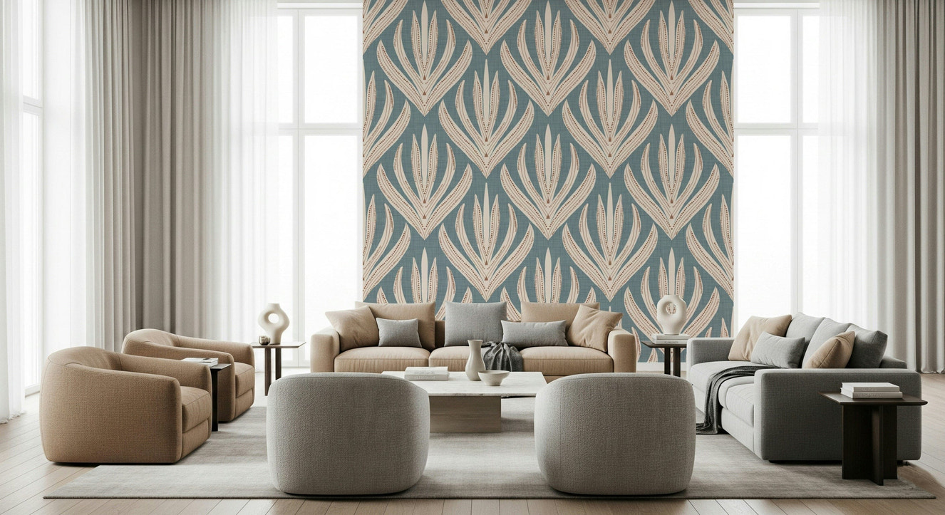 Floral Geometry in Muted Blue wallpaper featuring symmetrical cream botanical motifs on a soft blue background.