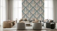 Floral Geometry in Muted Blue wallpaper featuring symmetrical cream botanical motifs on a soft blue background.
