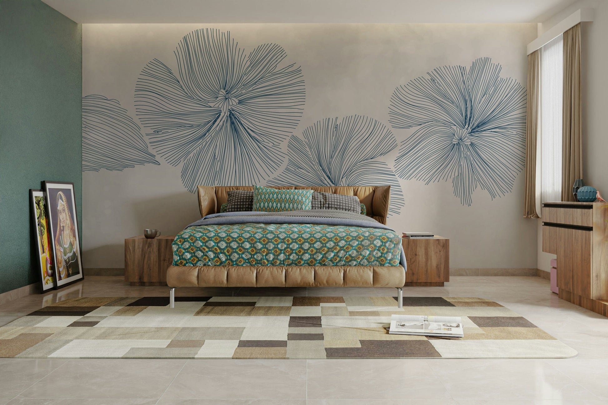 The design features stylized, linear flowers and stems.

