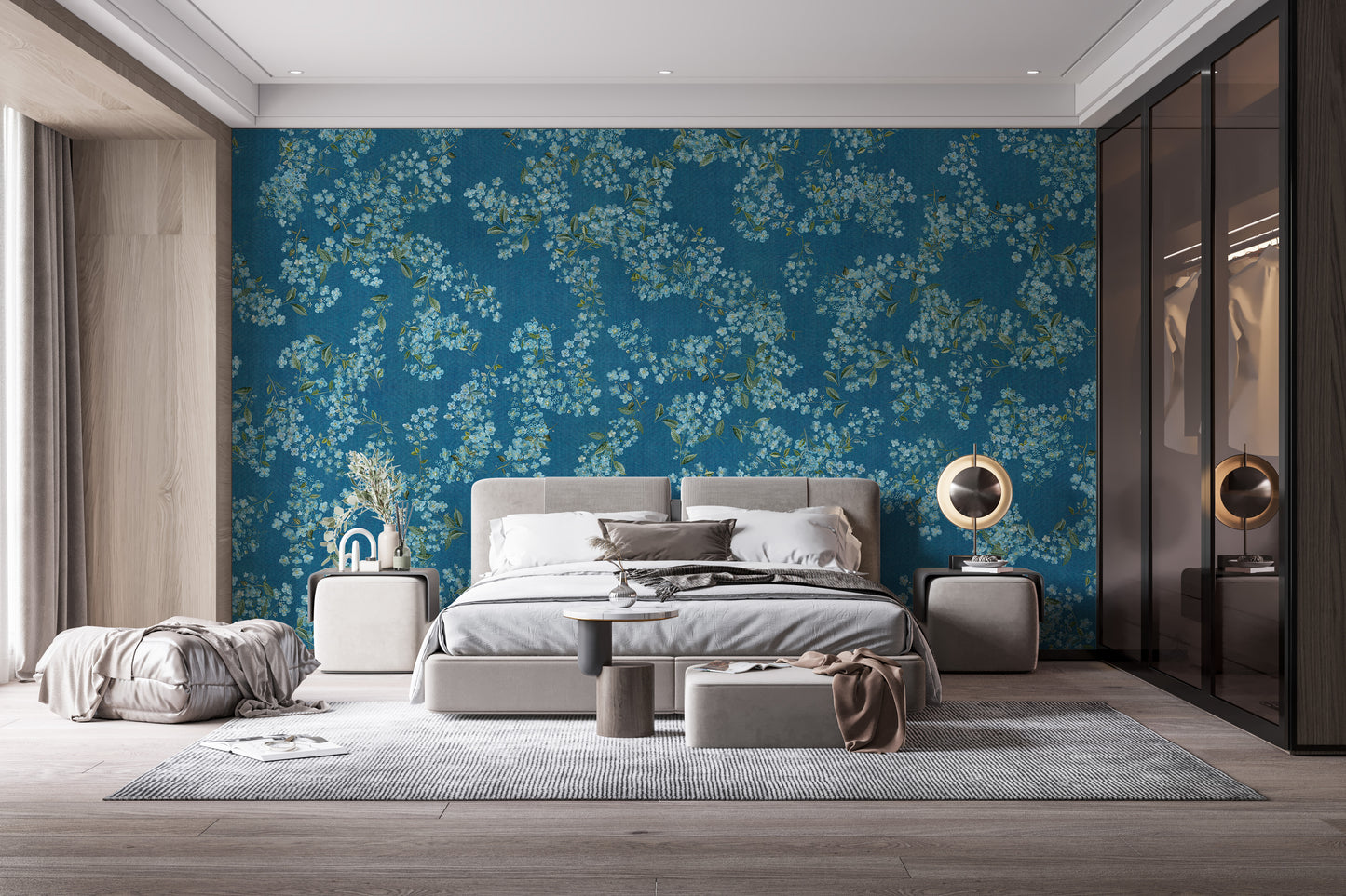 Blue Floral peel and stick wallpaper in deep blue with white blooms behind an upholstered bed in a modern bedroom