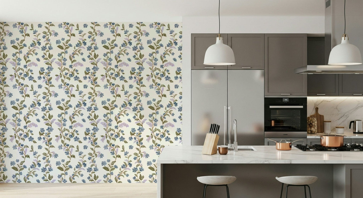 Artistic climbing plant Blue Floral Vines wallpaper for walls shabby chic bedroom