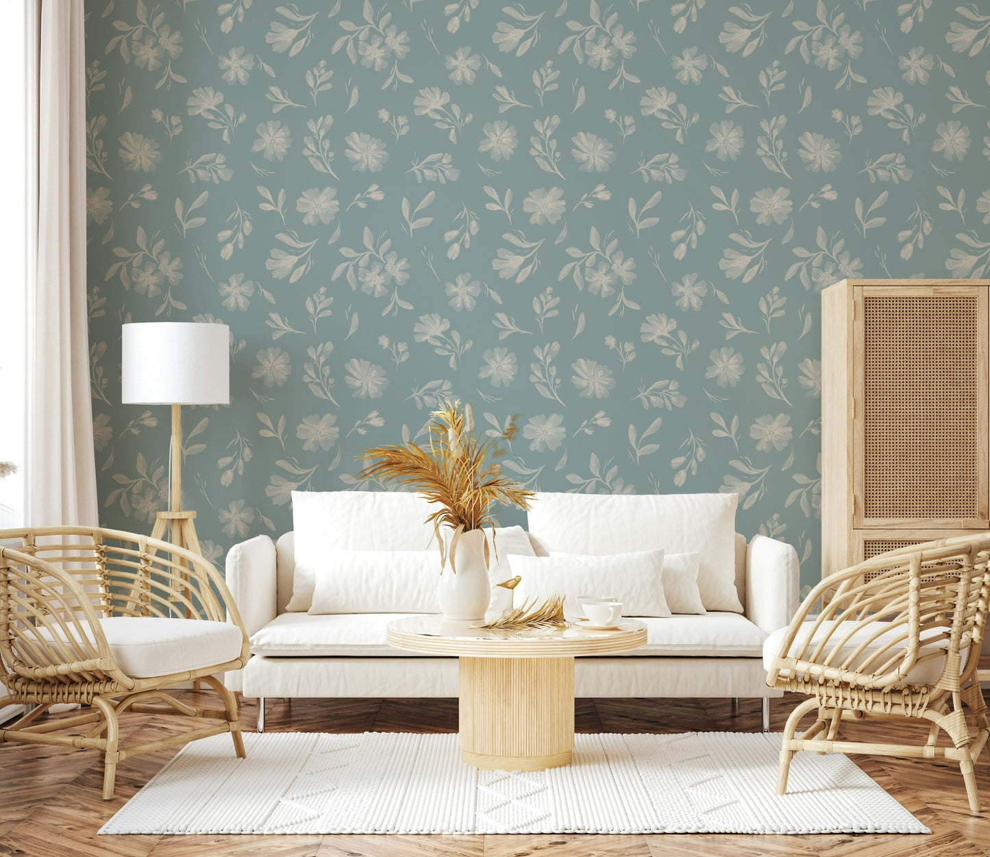 Soft Floral Whisper muted teal wallpaper for walls.