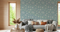 Soft Floral Whisper vintage indigo wallpaper for walls.