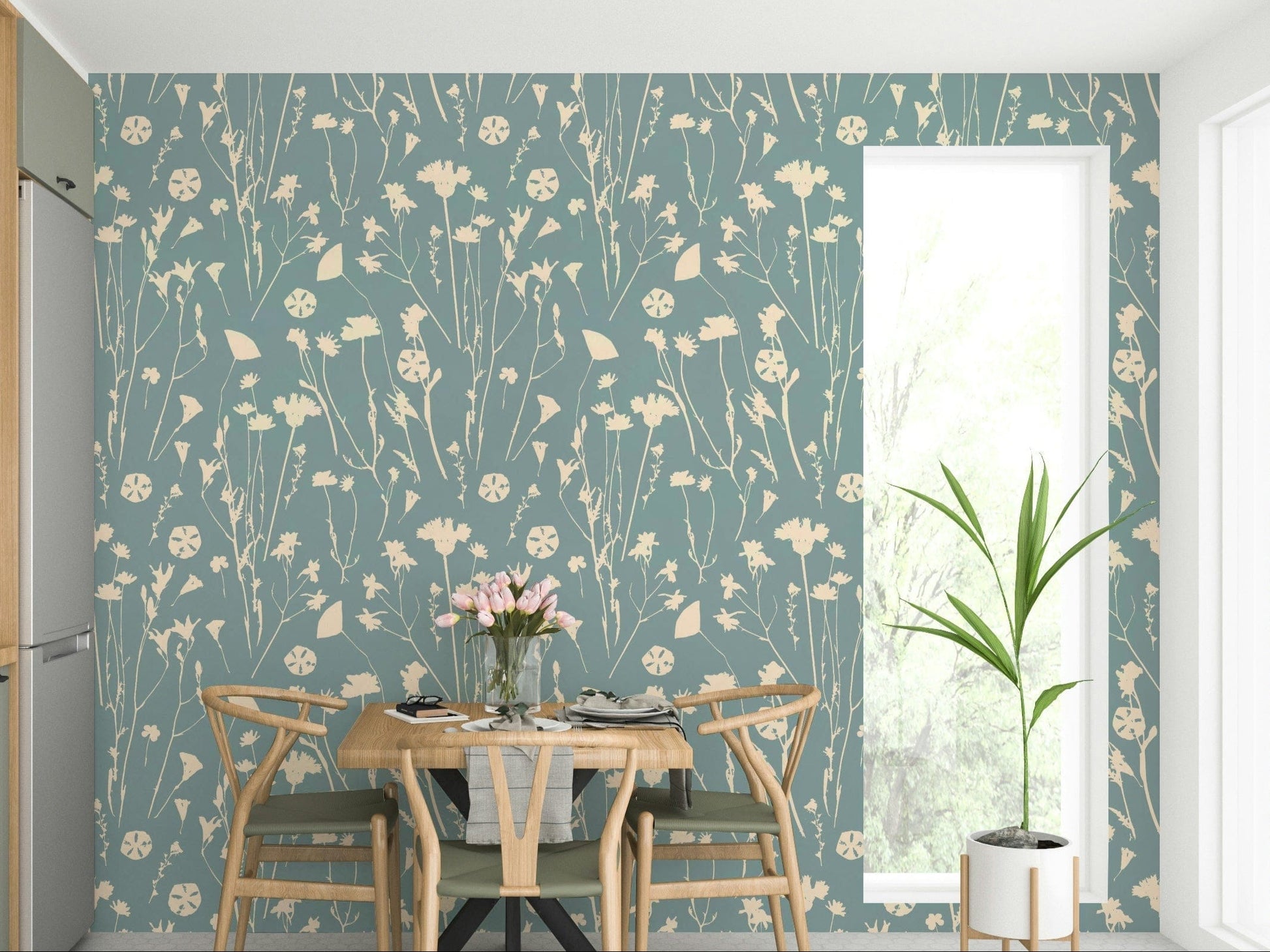 A full-wall mural showing a subtle, repeating pattern.
