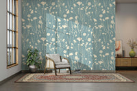 The wallpaper has a delicate, repeating geometric pattern in a muted color.
