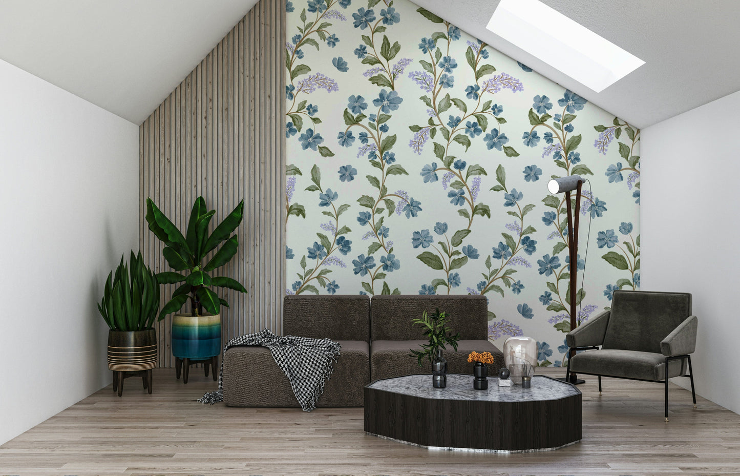 Modern Azure Bloom Trail wall décor graceful cascading bloom illustration.