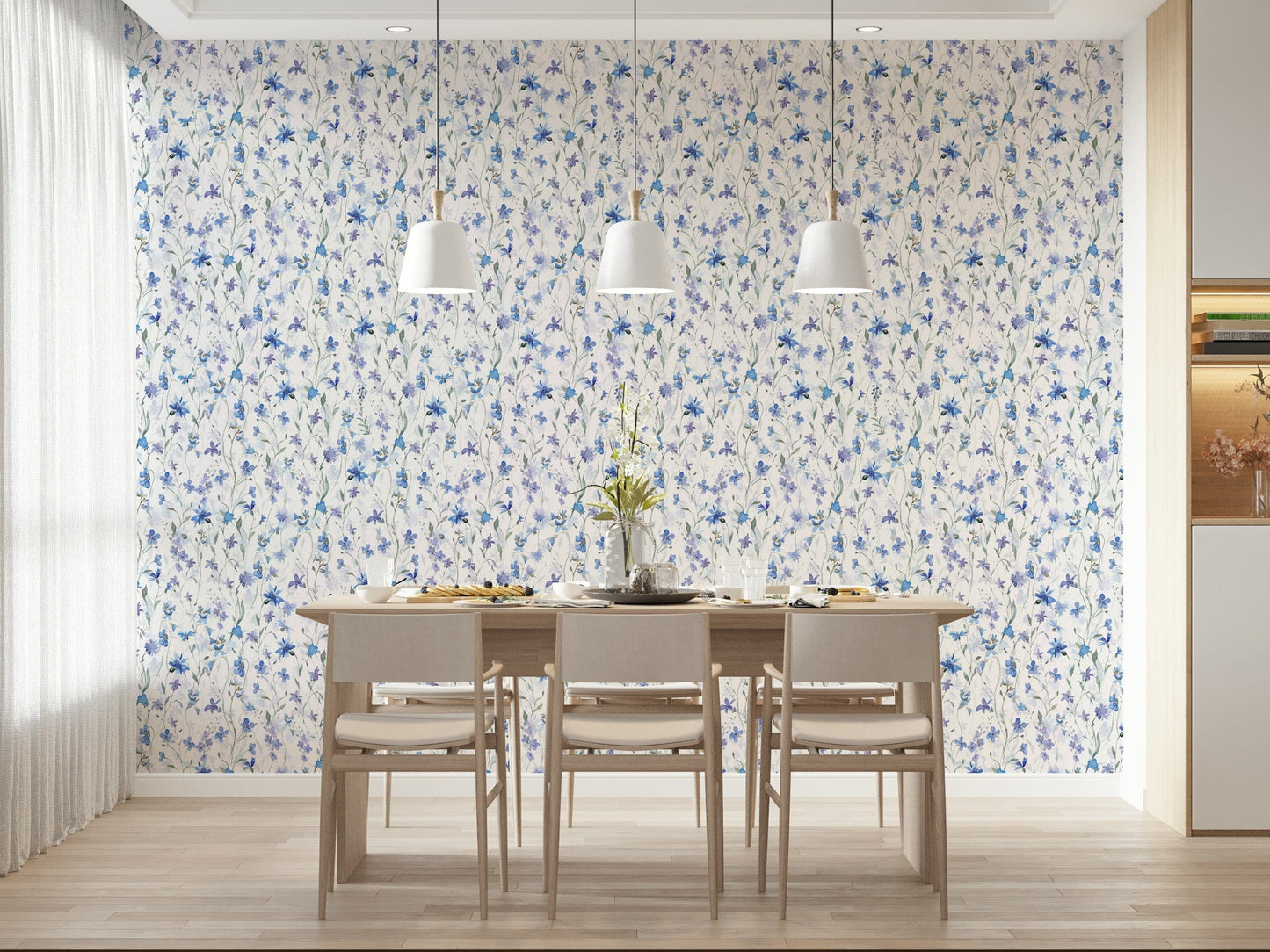 Azure Bloom Garden Wallpaper as a feature wall in a contemporary dining room.