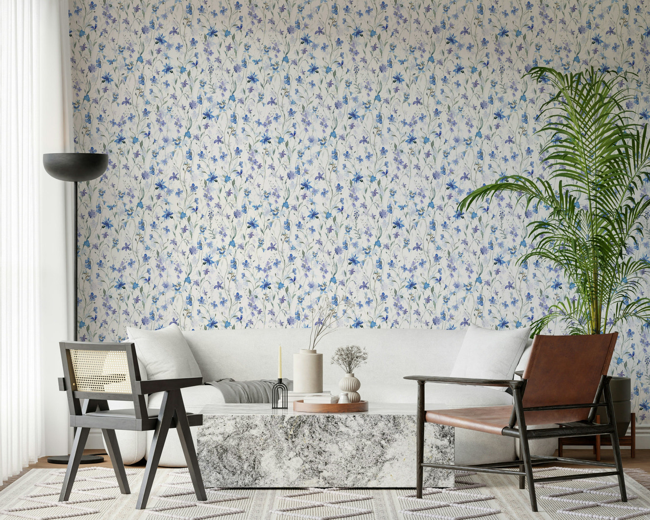 Azure Bloom Garden Wallpaper in a bright living room with modern white furniture.