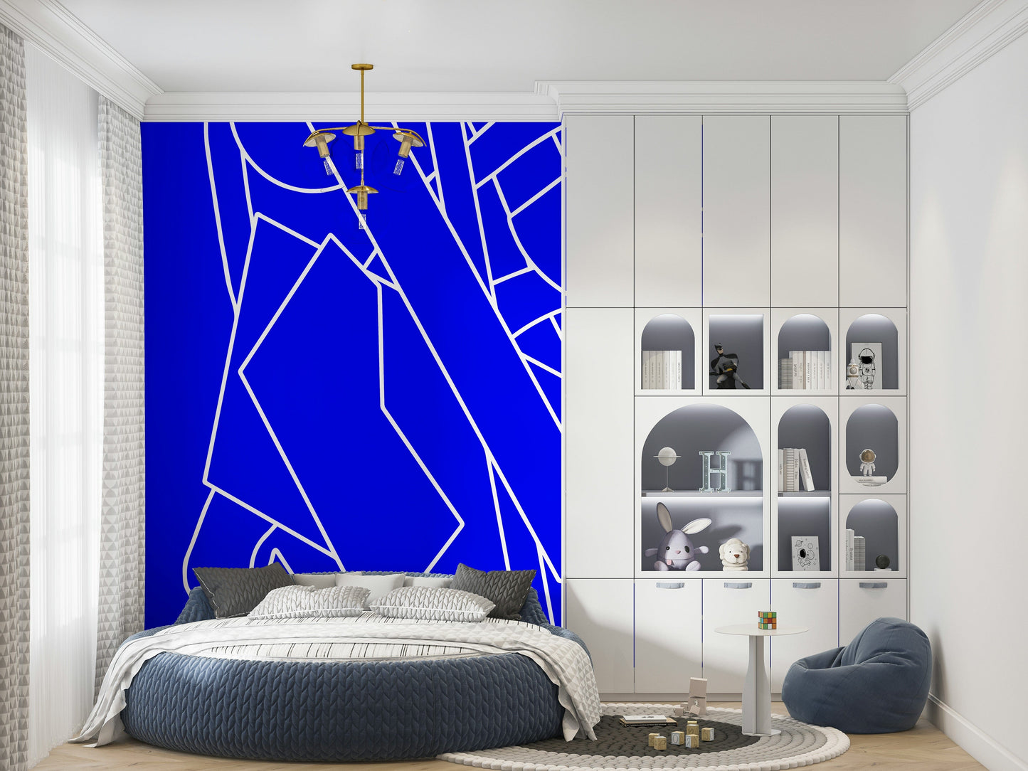 A peaceful modern abstract mural on decorative wallpaper.