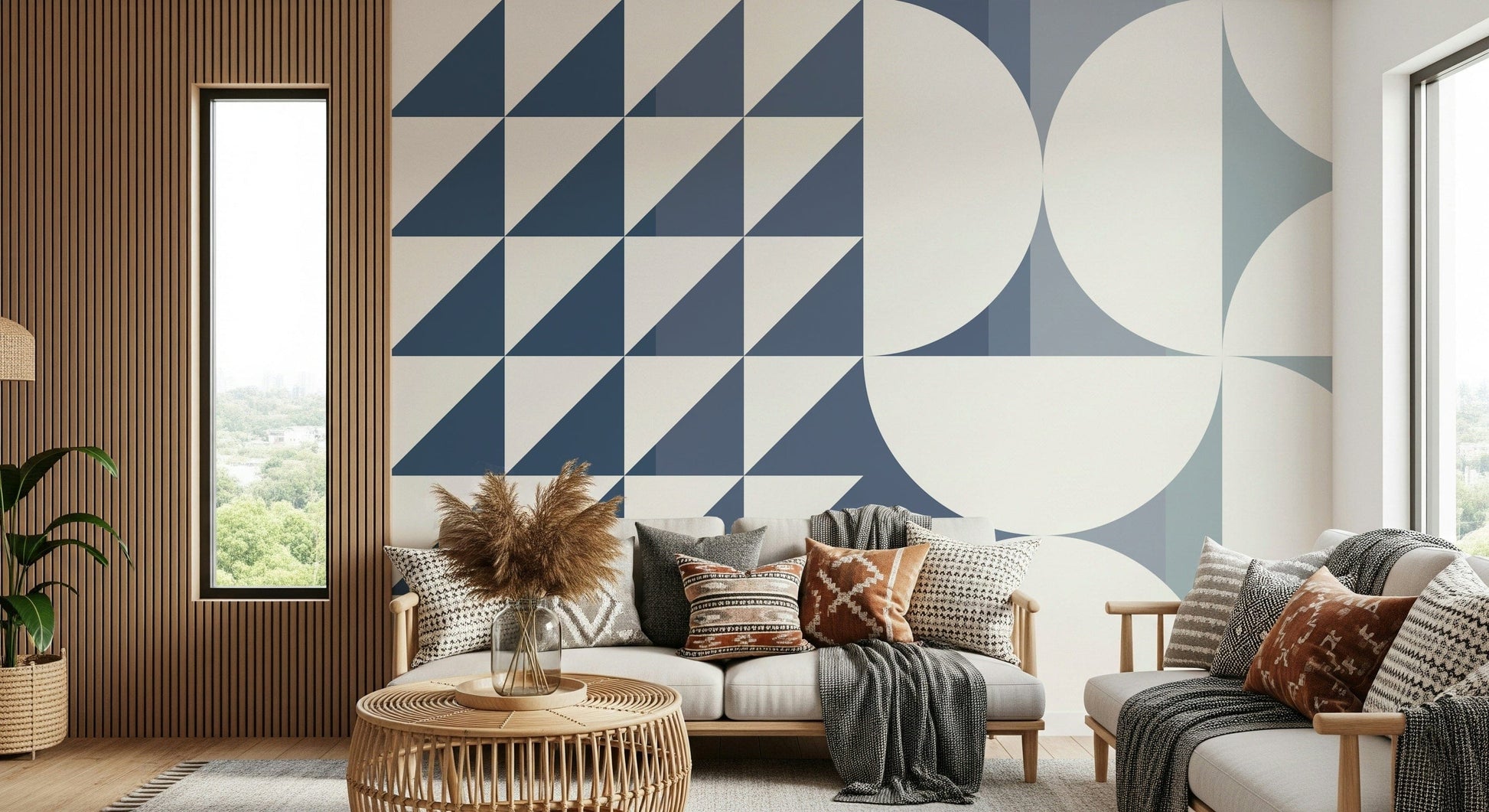 A peaceful modern abstract mural on decorative wallpaper.