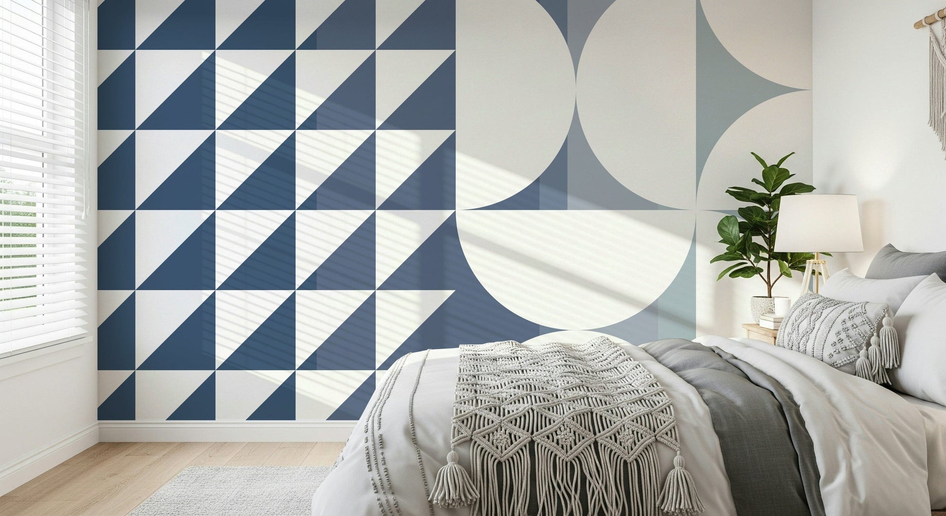 A contemplative geometric design wallpaper mural for a feature wall.