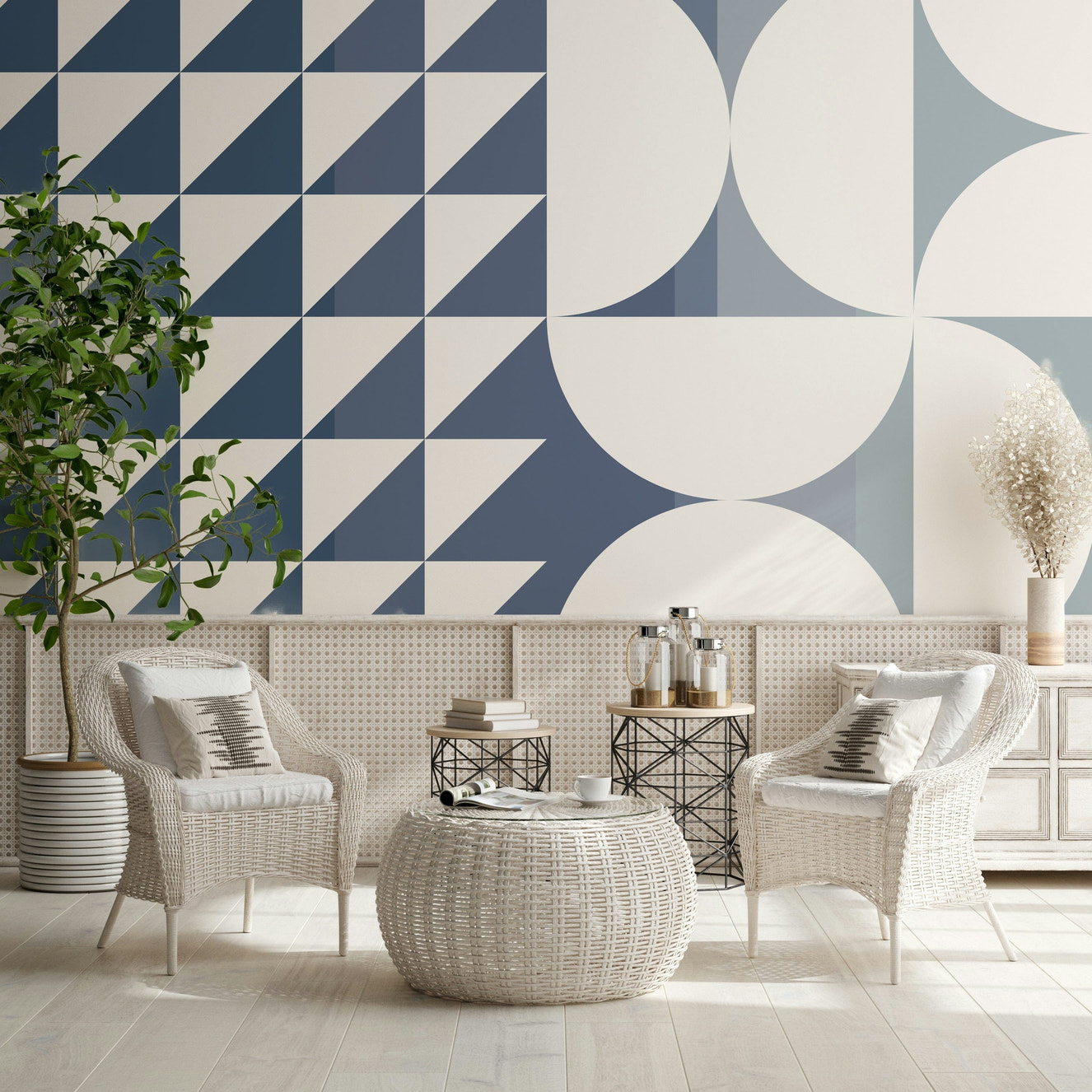 A beautiful abstract geometric wallpaper mural with triangles and curves.
