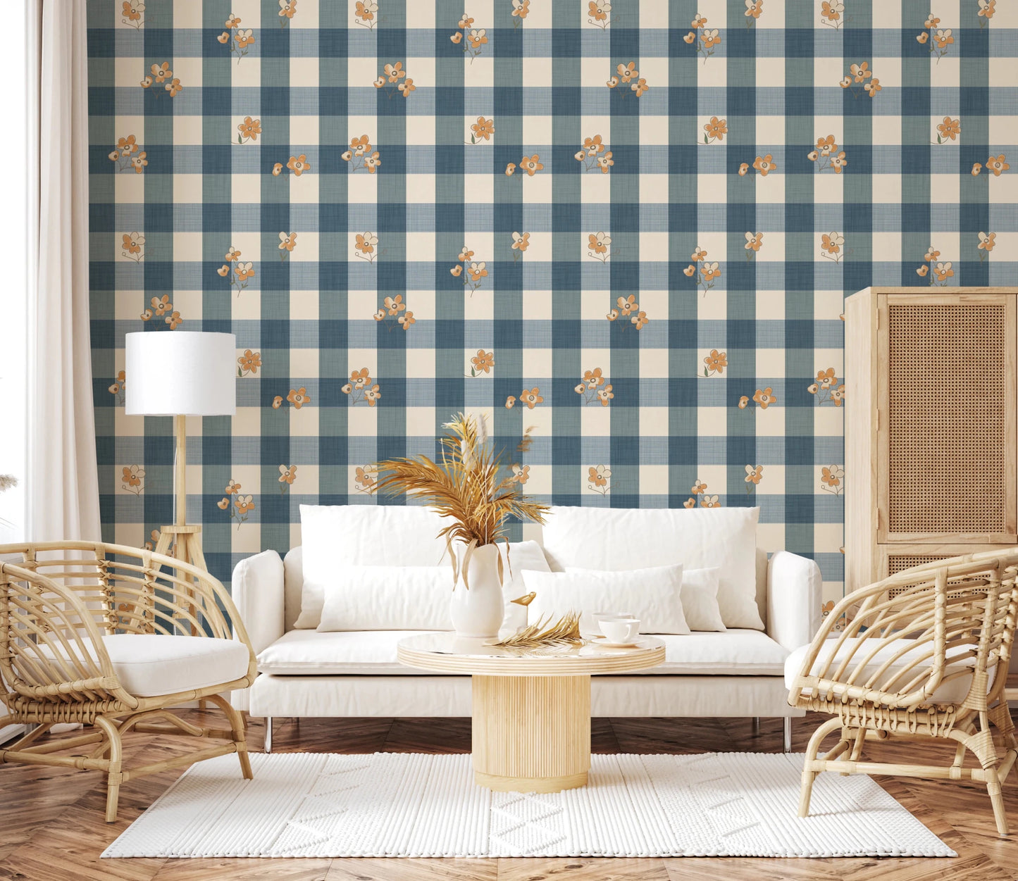 Blue Gingham Floral Country Cottage Wallpaper⁠