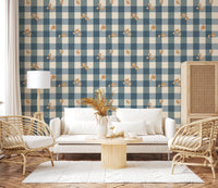 Blue Gingham Floral Country Cottage Wallpaper⁠