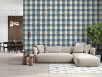 Blue Gingham Floral Country Cottage Wallpaper⁠