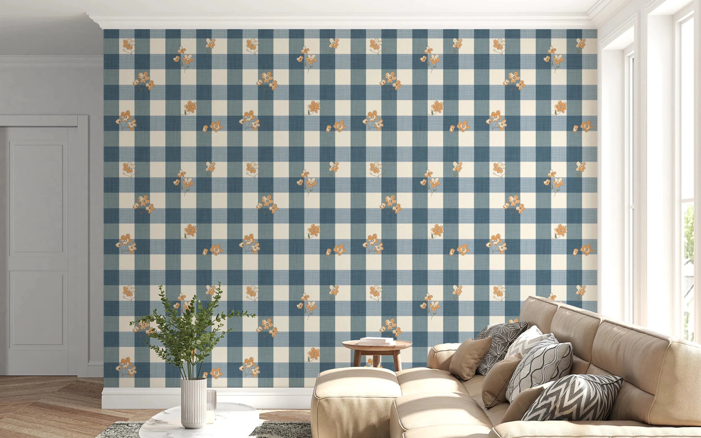 Blue Gingham Floral Country Cottage Wallpaper⁠