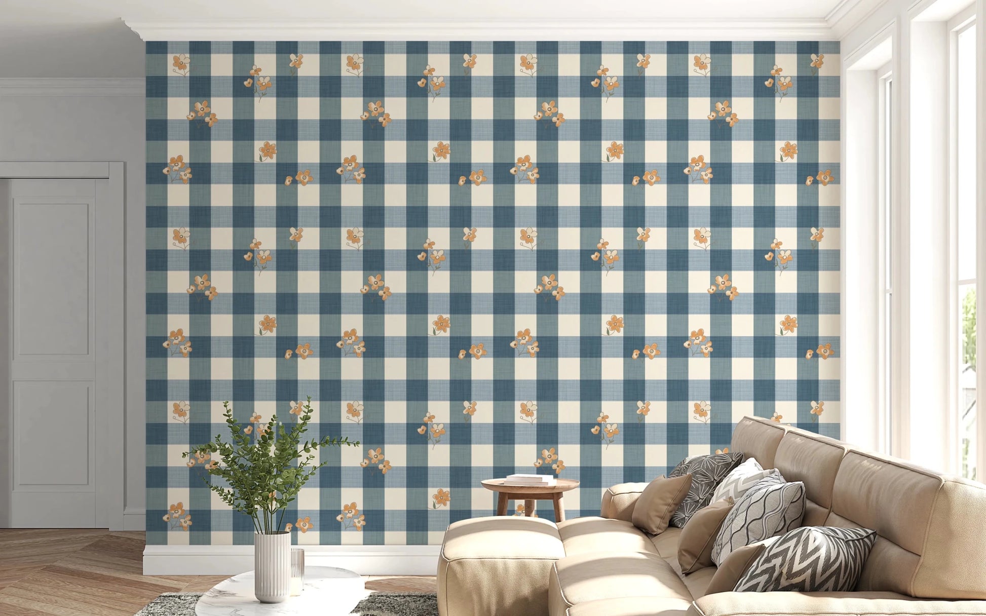 Blue Gingham Floral Country Cottage Wallpaper⁠