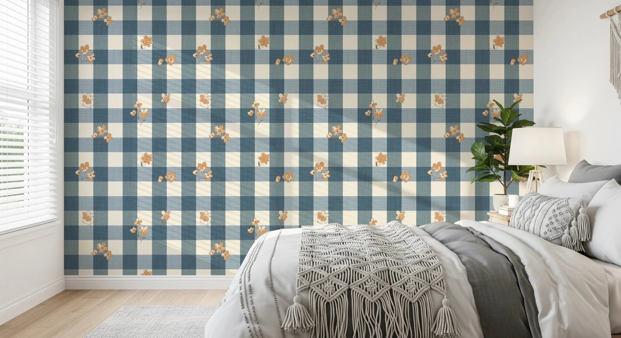 Blue Gingham Floral Country Cottage Wallpaper⁠