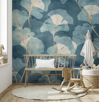 Captivating wallpaper mural Midwinter Gingko Cyanotype stylish bedroom decor.