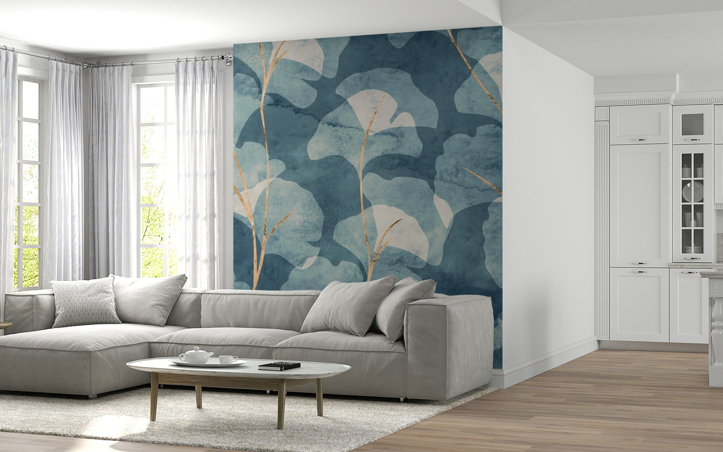 Elegant wall mural Midwinter Gingko Cyanotype with gingko foliage.