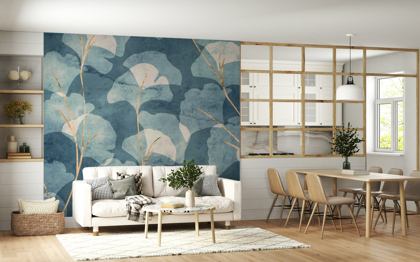 Midwinter Gingko Cyanotype wallpaper for walls featuring blue leaves.