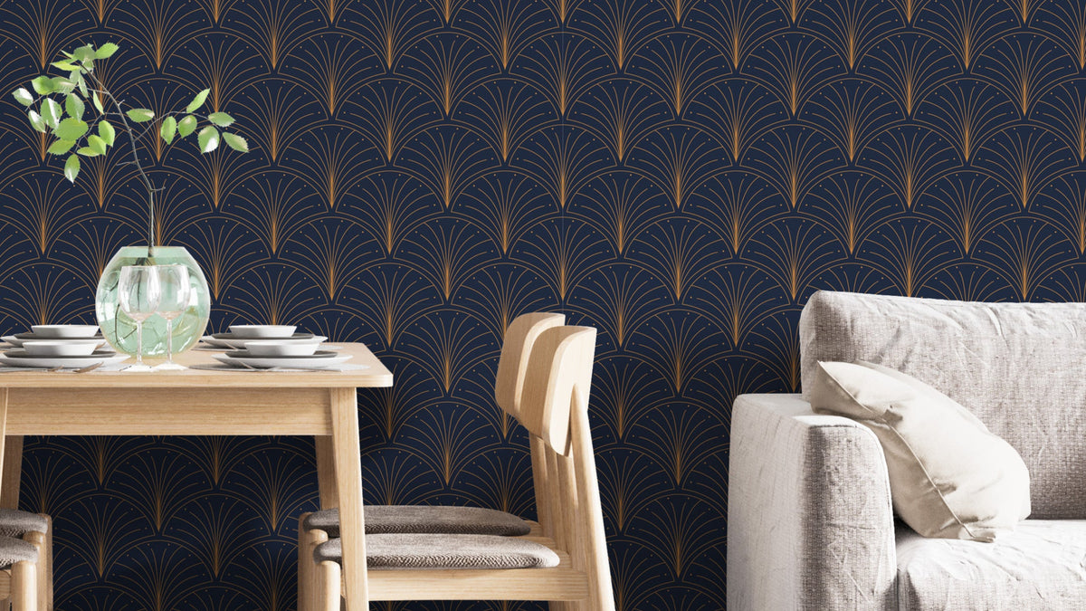 Elegant blue and gold art deco wallpaper
