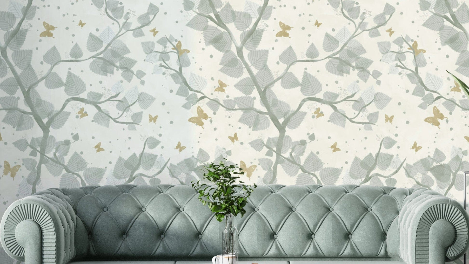 Wallpaper pattern with baby blue and gray tree branches.

