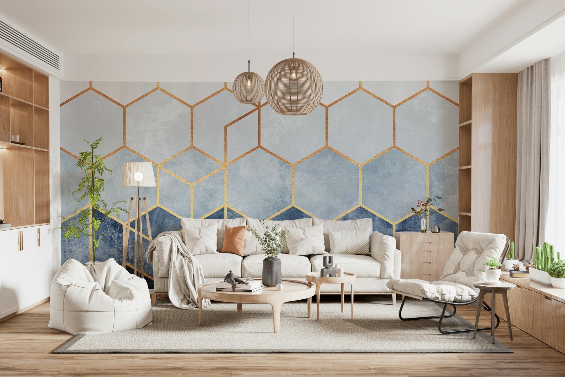A serene abstract pattern wall mural with gold accents.