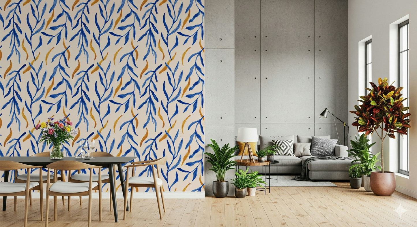 Delicate blue and gold botanical mural featuring watercolor foliage.
