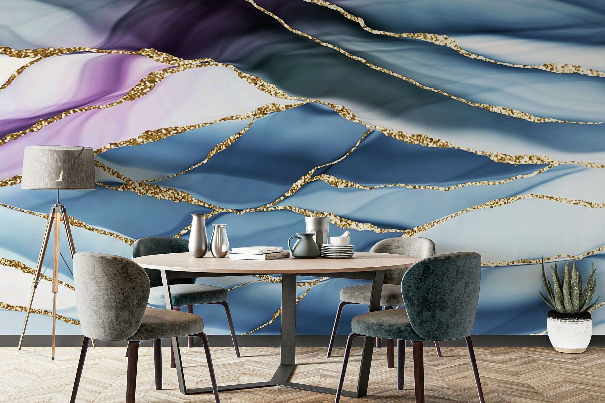 The wall art combines a flowing pattern with metallic accents.

