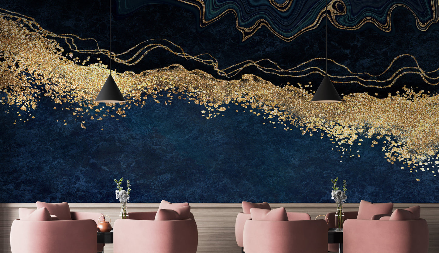 Elegant blue and gold marble wallpaper
