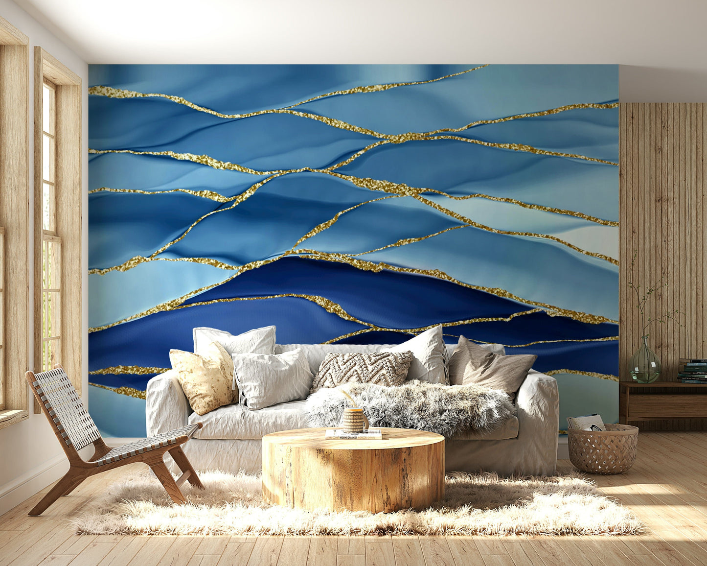 Wall mural with gilded azure waves.

