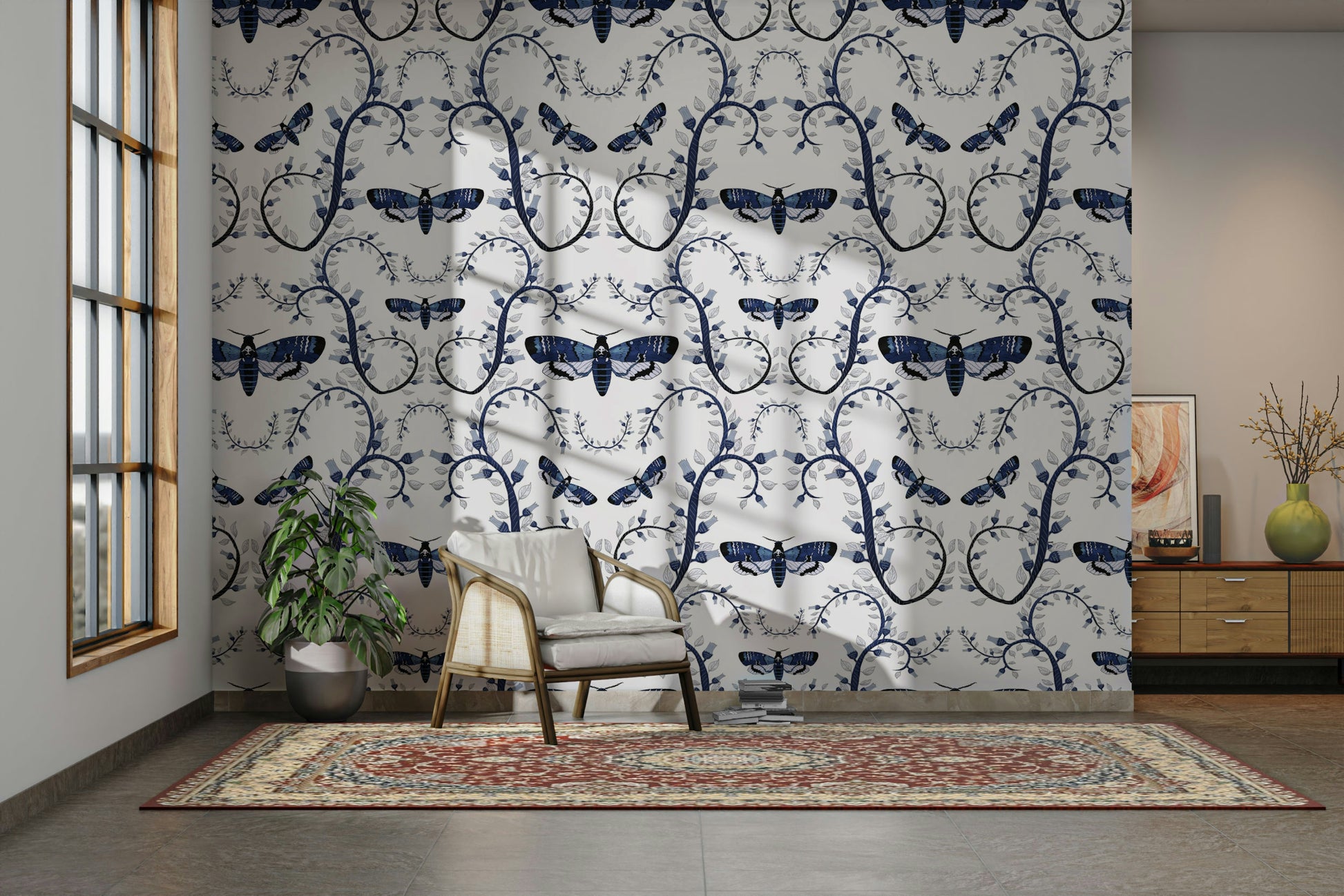 Bedroom with Blue Gothic Moth Vines wallpaper

