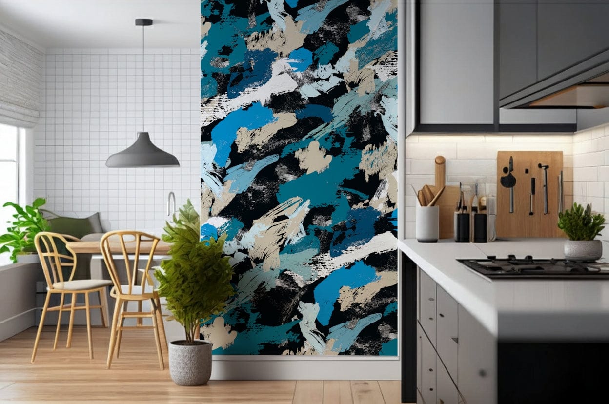 A beautiful abstract art wallpaper mural in green and blue.

