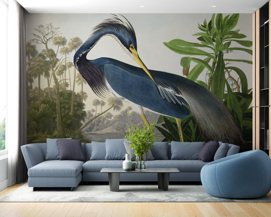 Blue Heron wallpaper mural shown as a full feature wall that highlights the design