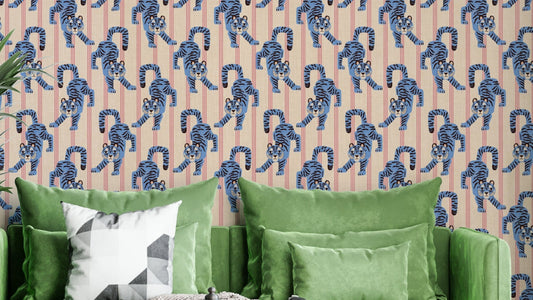 Blue jumping tiger jewel jungle wallpaper for bold decor


