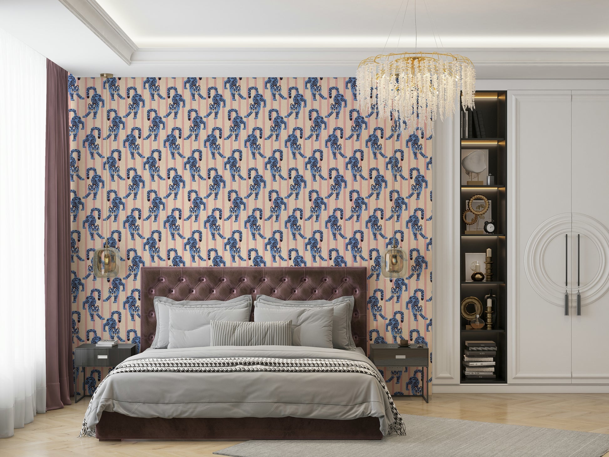 Unique blue jumping tiger wallpaper with jewel jungle design

