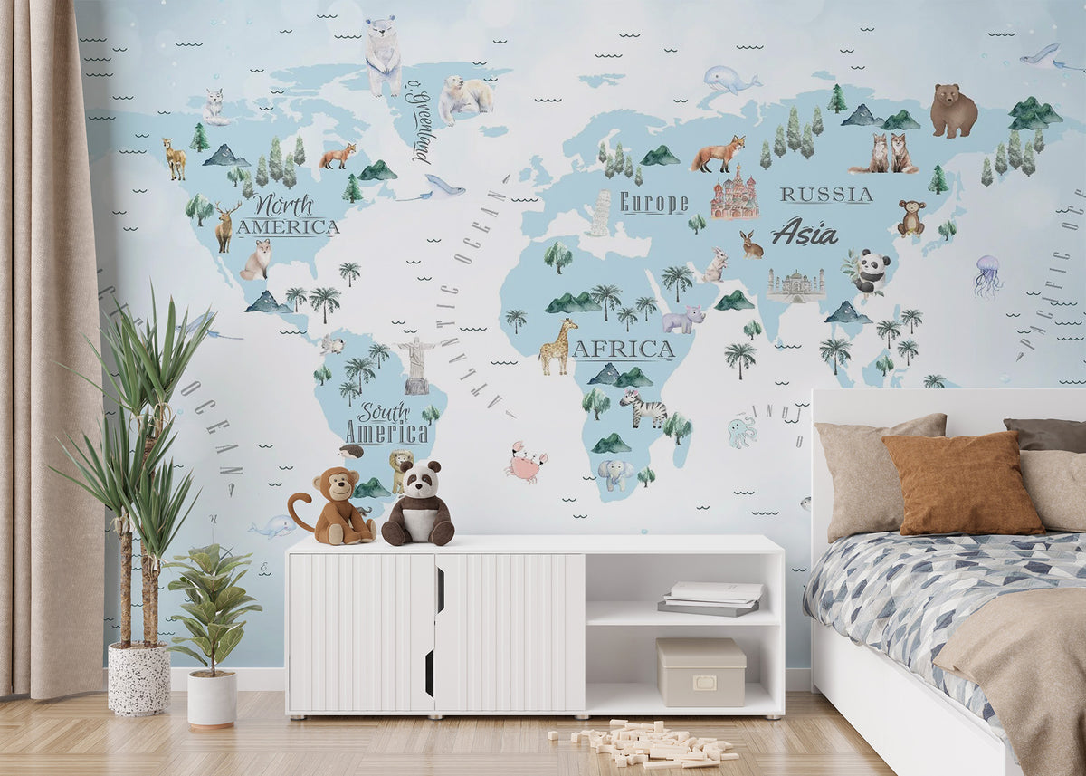 Blue Kids Room World Map wallpaper mural shown as a full feature wall that highlights the design