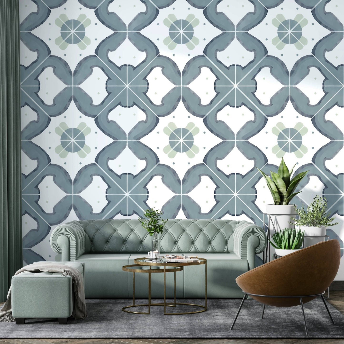 Textured wallpaper with a blue tile design

