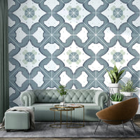 Textured wallpaper with a blue tile design

