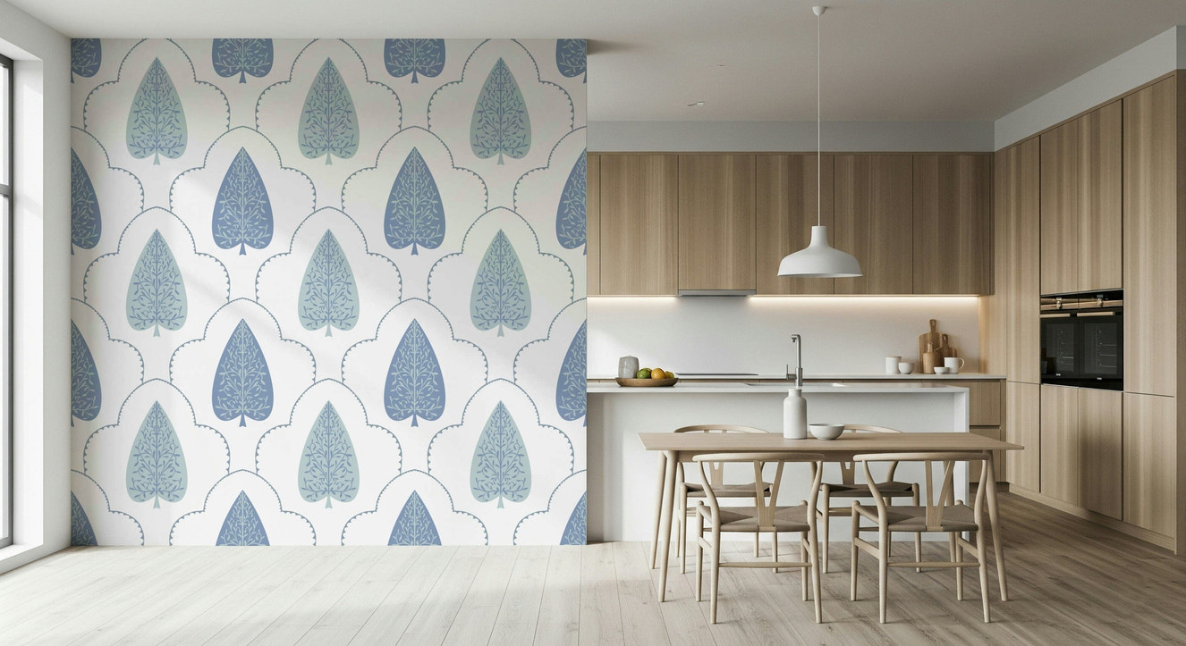 Graceful Blue Botanic Arbor wallpaper, detailed traditional pattern.